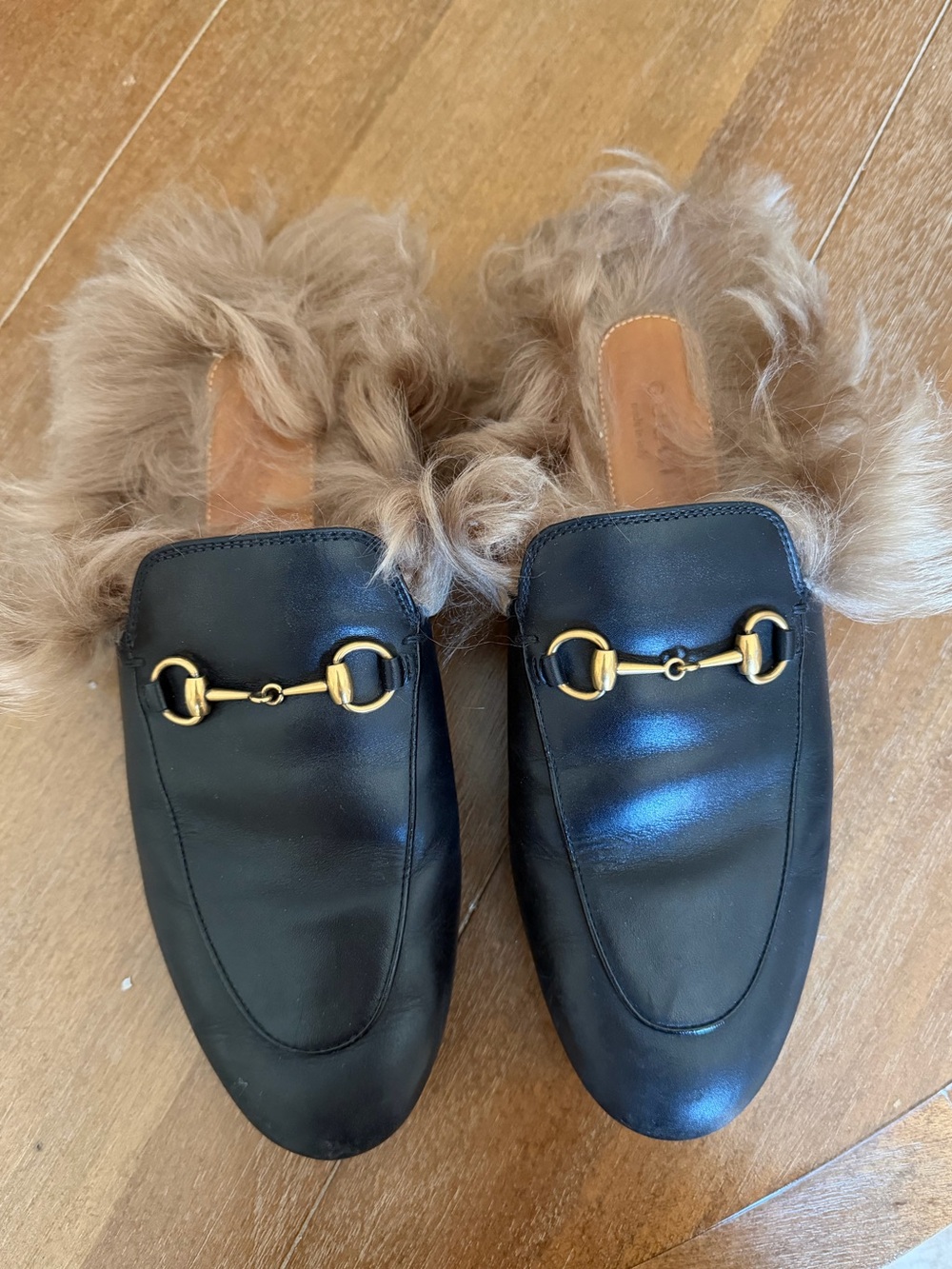 Gucci Black Leather Fur-Lined Backless Mules with Gold Horsebit